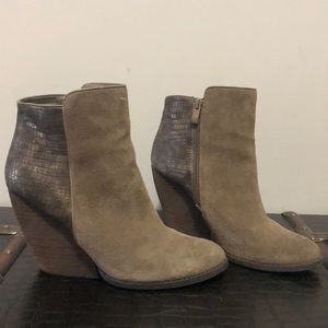 Very Volatile taupe snakeskin wedge heel bootie